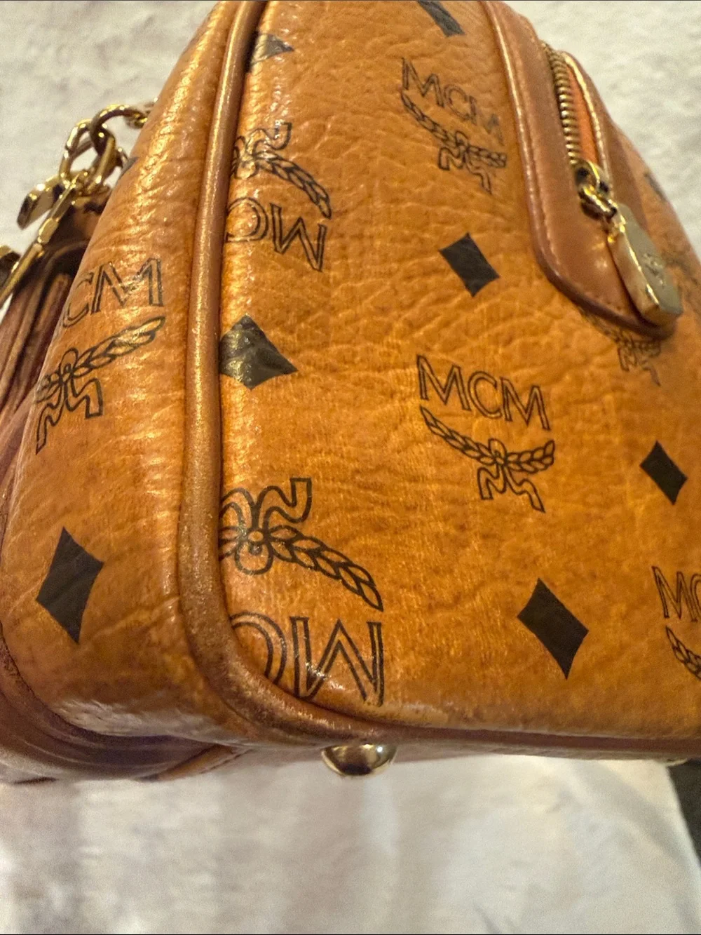 MCM Cognac Monogram Visetos Satchel with Gold Charms